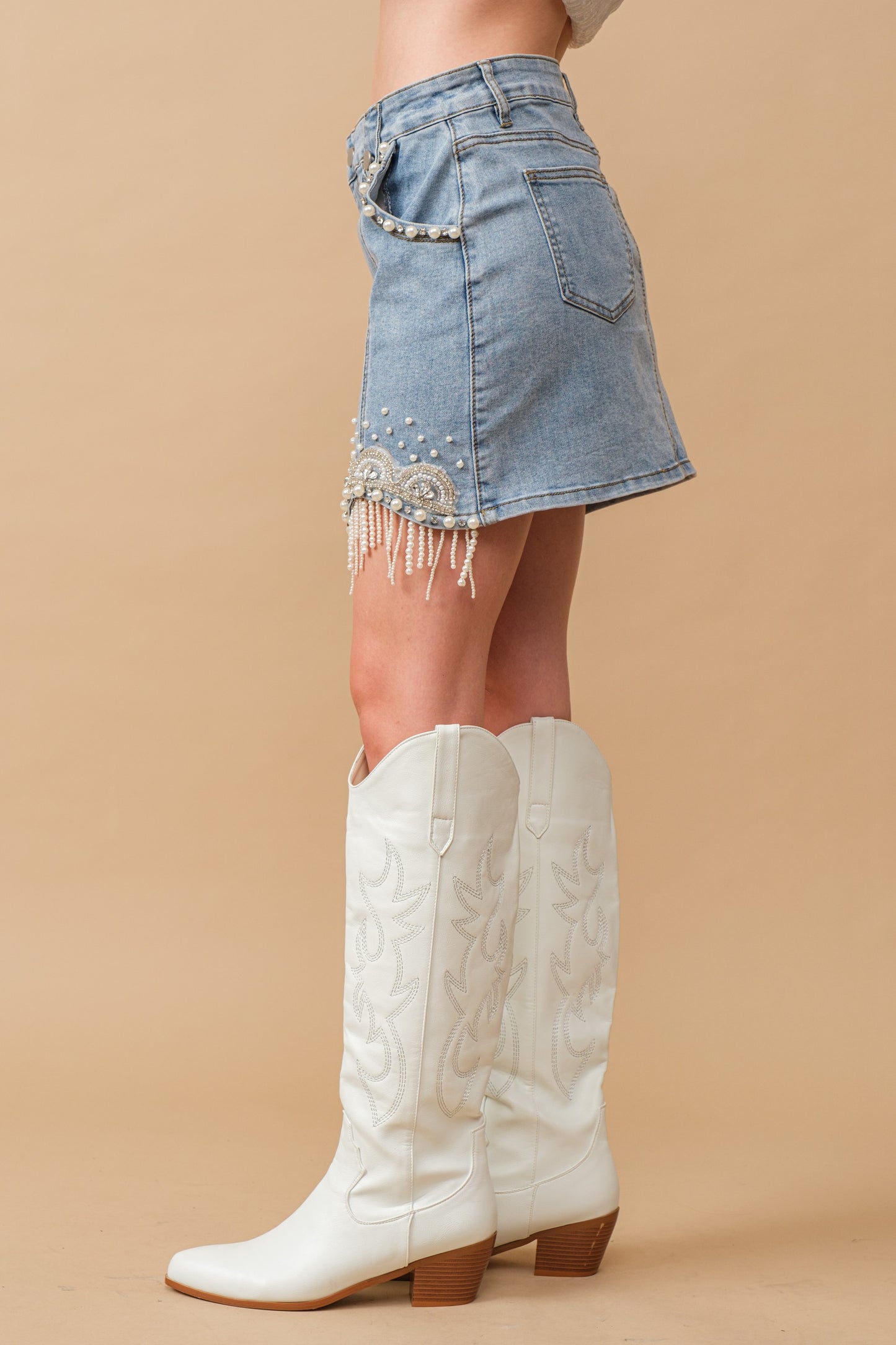 Denim Embellished Pearl Fringe Mini