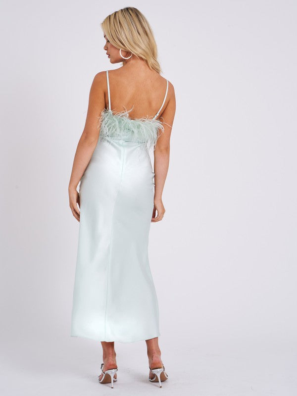 Yanira Feather High Slit Satin Maxi Dress