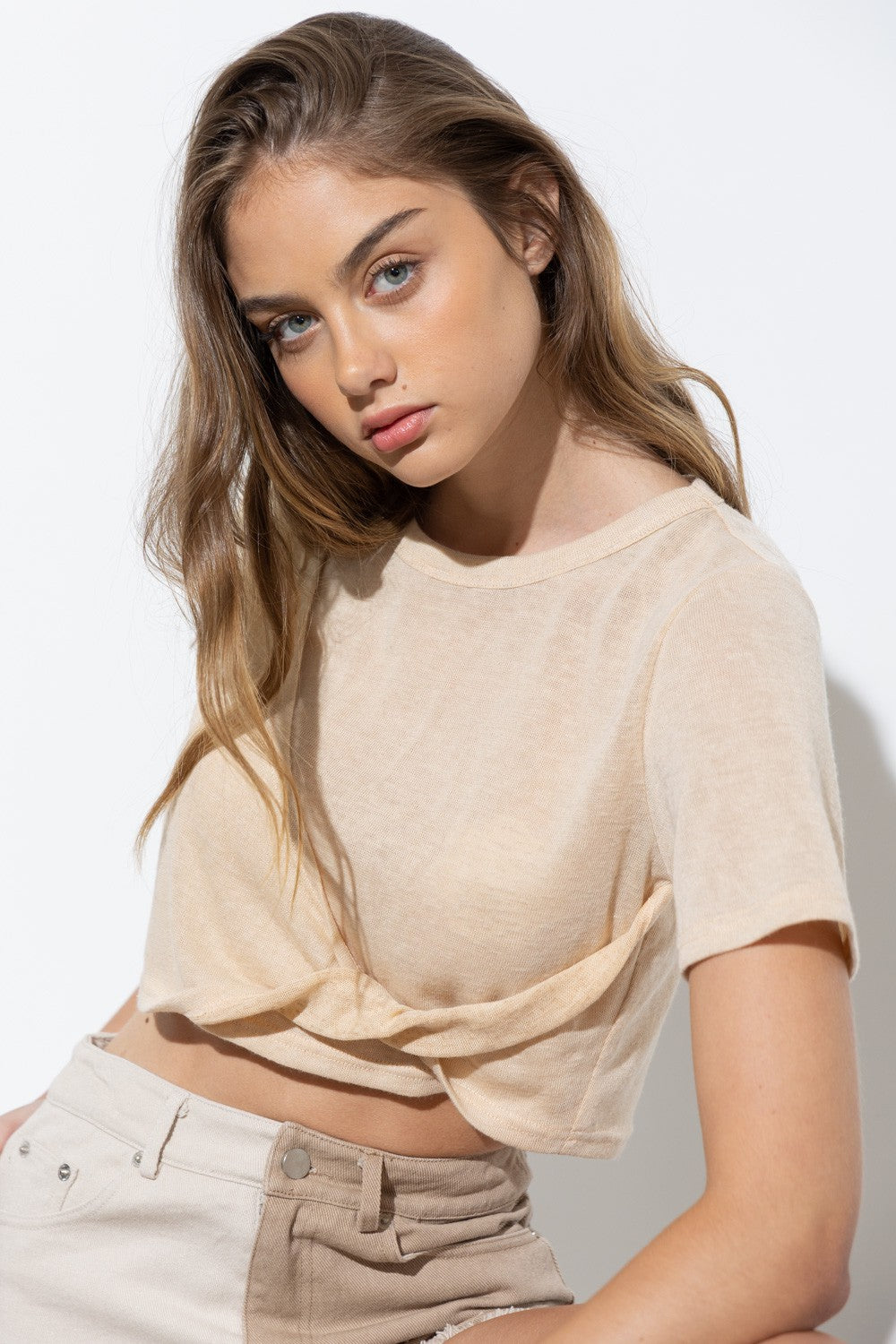 Callie Round Neck Front Twist Crop Knit Top