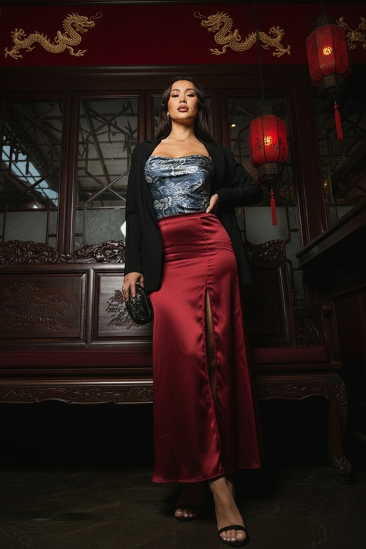 Cowl Neck Dragon Satin Bodysuit