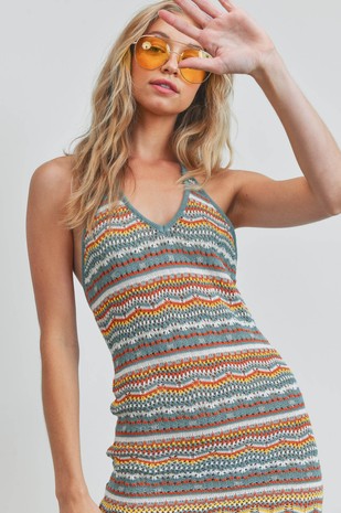 Rib Knit Crochet Halter Dress