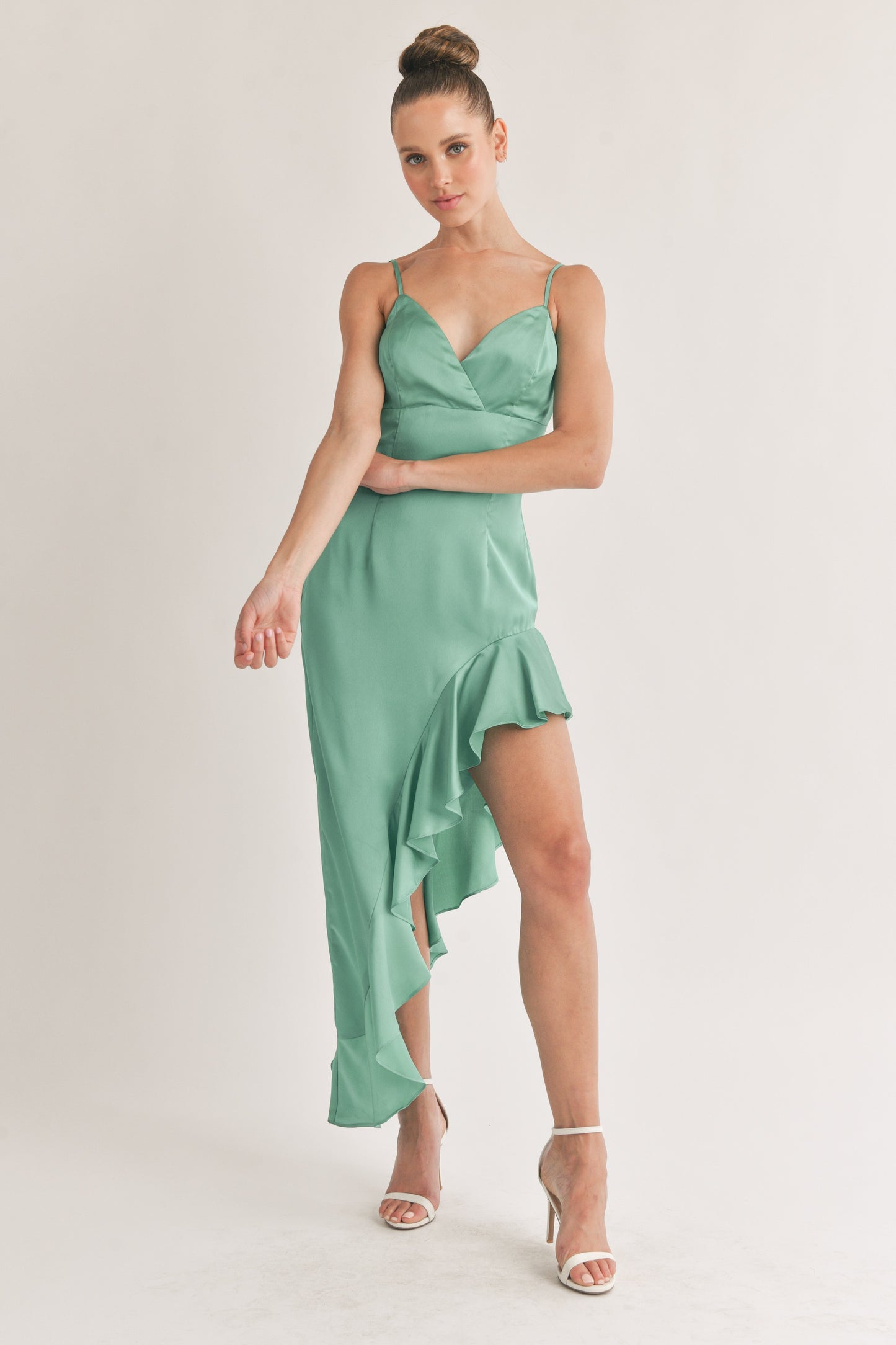 Heidi Satin Ruffle Slit Gown