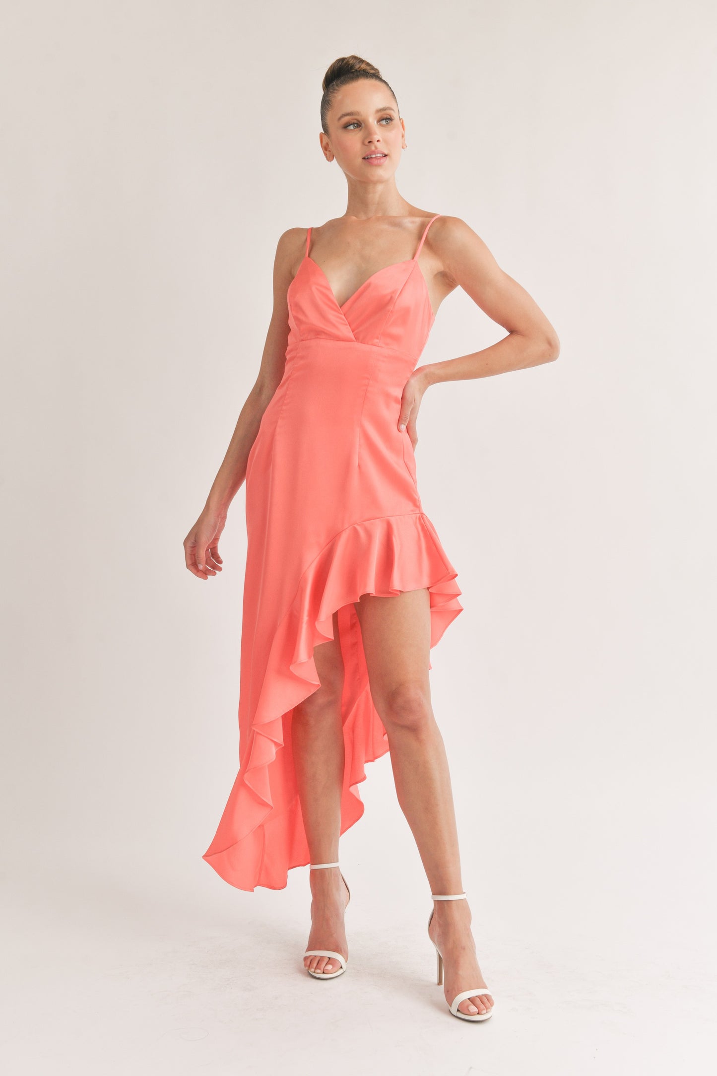 Heidi Satin Ruffle Slit Gown