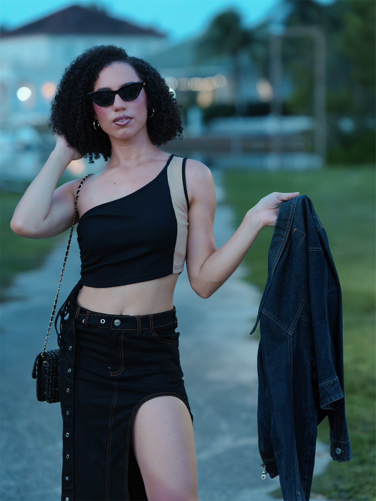 One Shoulder Colour Block Crop Tank