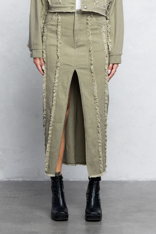Mishka Frayed Denim Midi Skirt