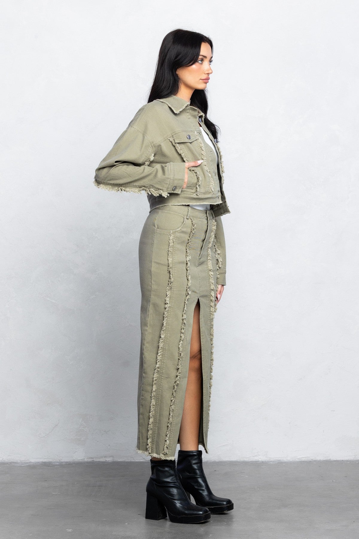 Mishka Frayed Denim Midi Skirt