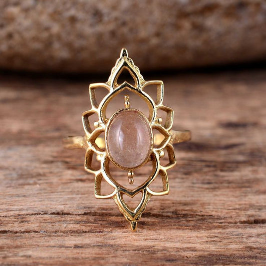 Rose Quartz Lotus Brass Ring