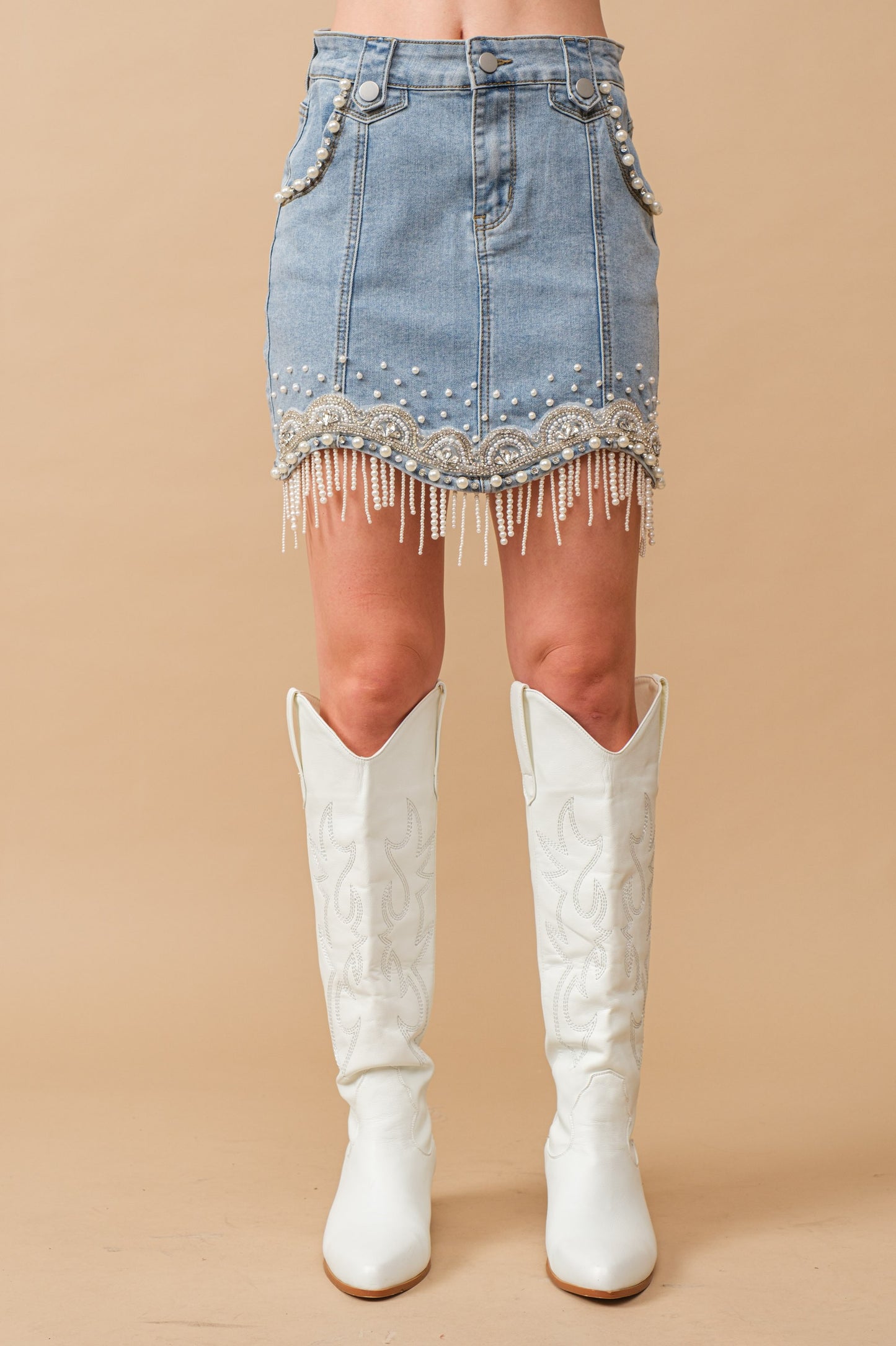 Denim Embellished Pearl Fringe Mini