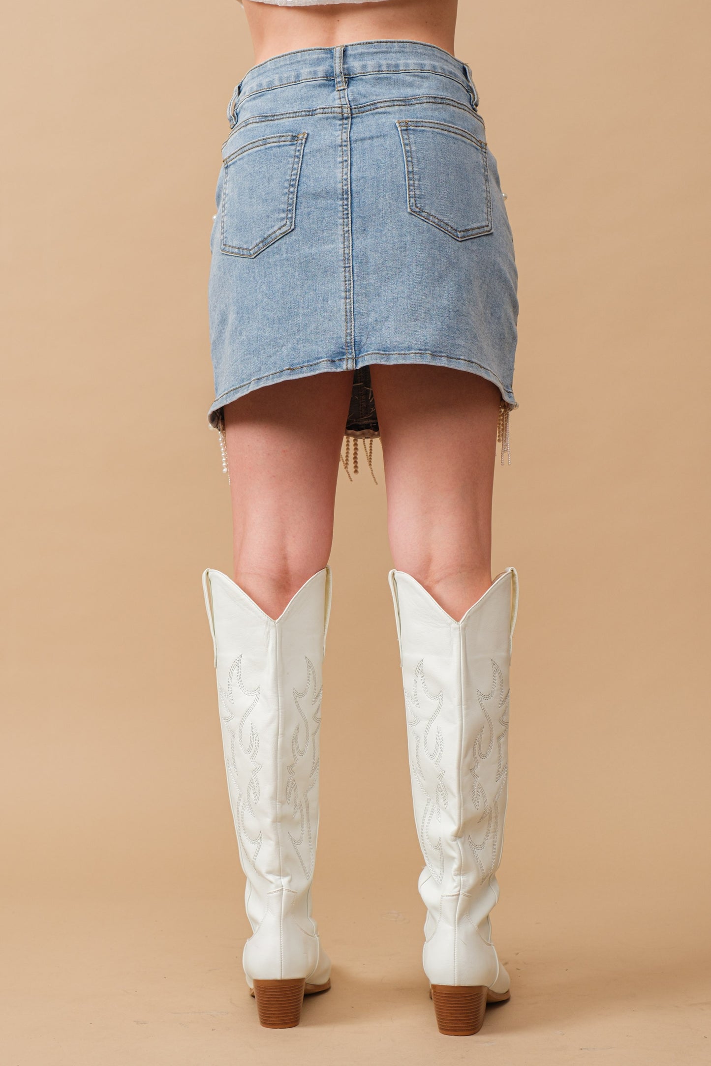 Denim Embellished Pearl Fringe Mini