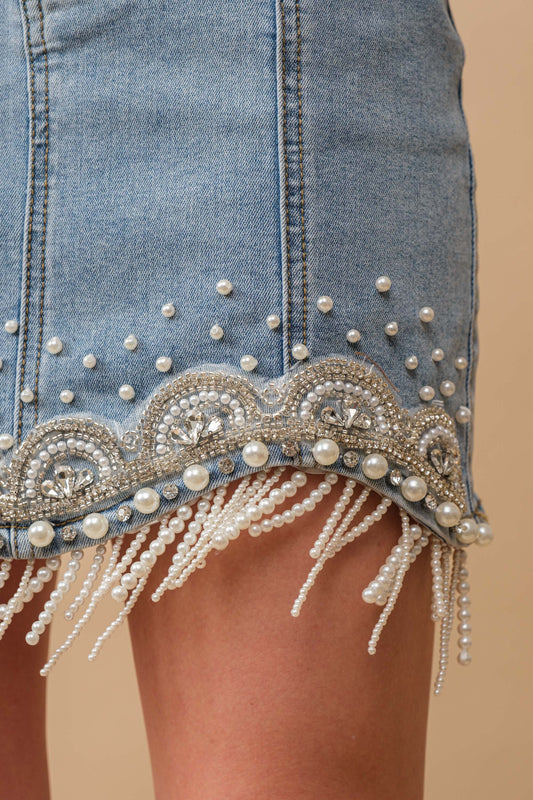 Denim Embellished Pearl Fringe Mini