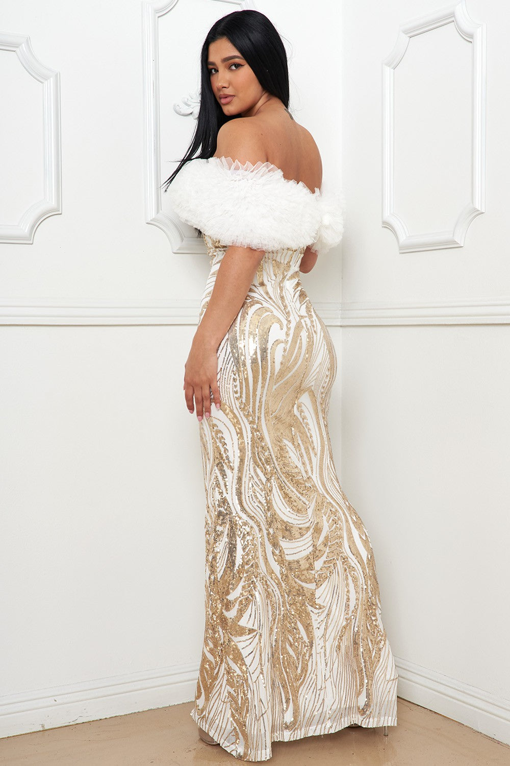 Virginia Tulle Off Shoulder Sequin Gown