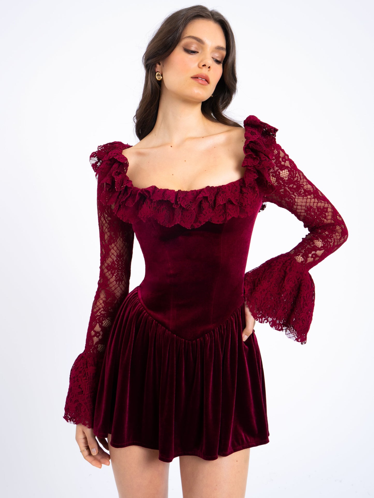 Yachira Velvet Lace Flare Mini Dress