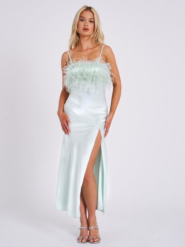 Yanira Feather High Slit Satin Maxi Dress