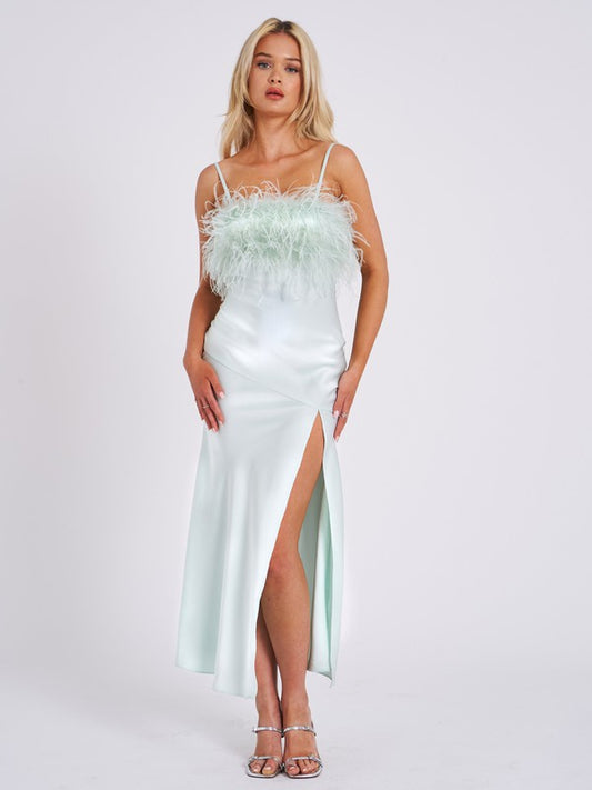 Yanira Feather High Slit Satin Maxi Dress