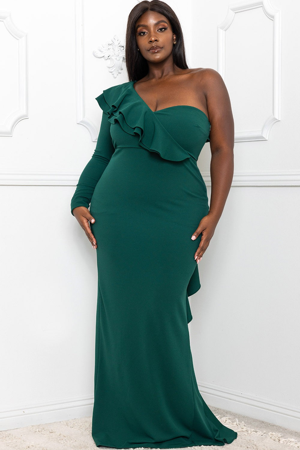 Yemia Plus One Shoulder Ruffle Gown