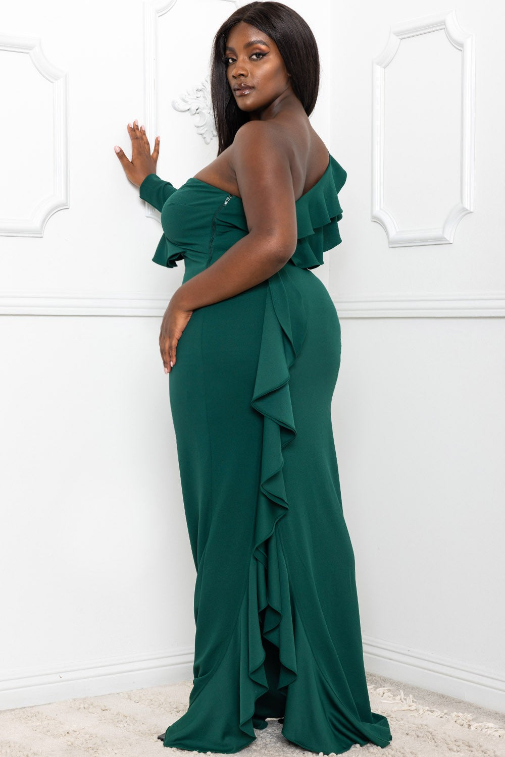 Yemia Plus One Shoulder Ruffle Gown